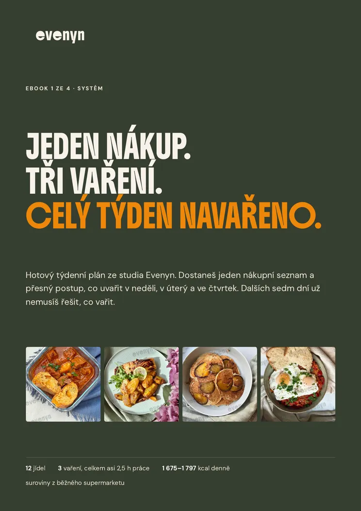 Titulní strana ebooku Jeden nákup, tři vaření, celý týden navařeno